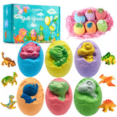 Comfso Dino Eggs bath bomb with surprise toy inside, sparks bath time fun.