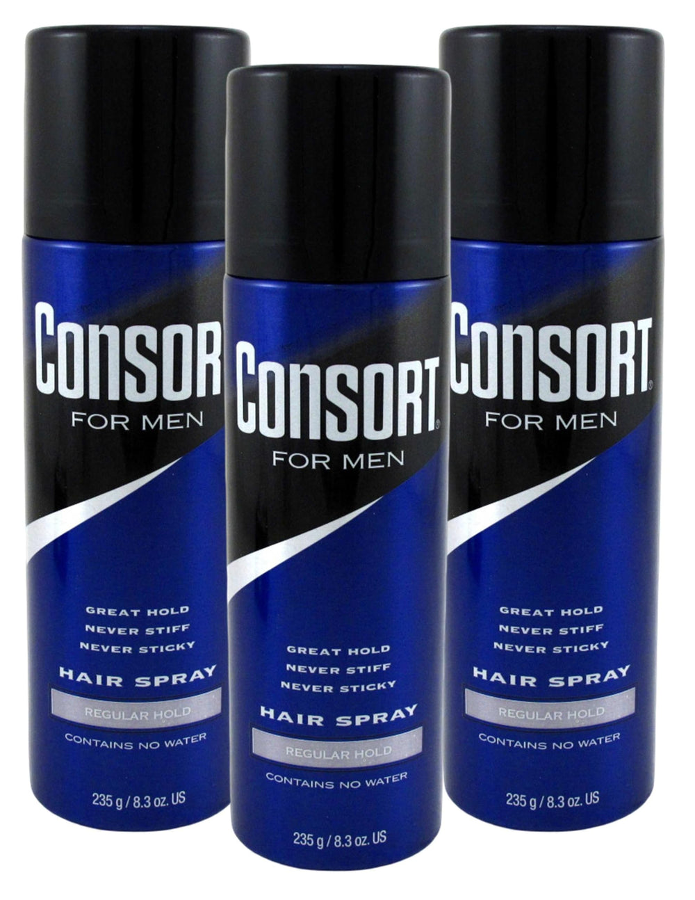 Consort hair spray three-pack shown for convenient all-day styling.