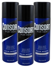 Consort hair spray three-pack shown for convenient all-day styling.