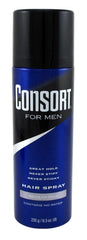 Close-up of Consort Hair Spray mist delivering fast-drying action.