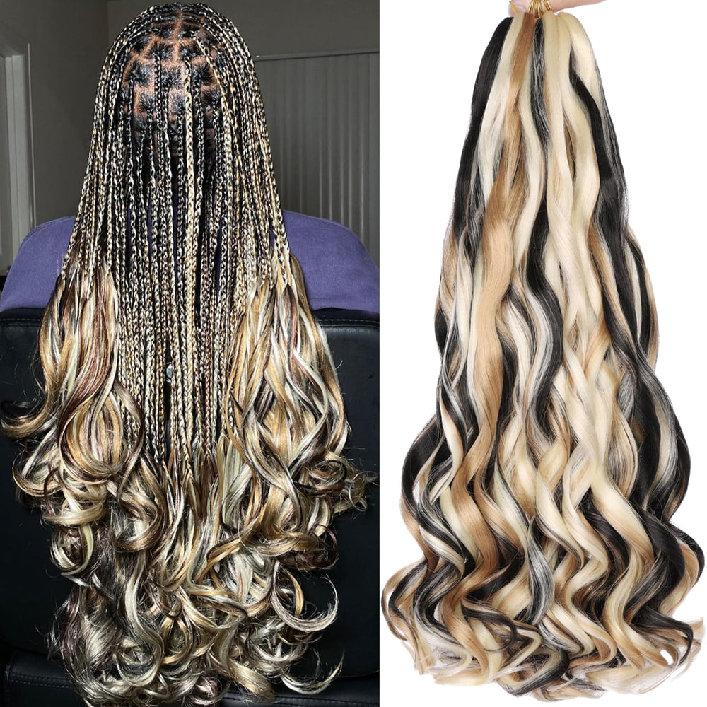 COOKOO 22-inch French Curly Braiding Hair in black and blonde mix for goddess box braids.