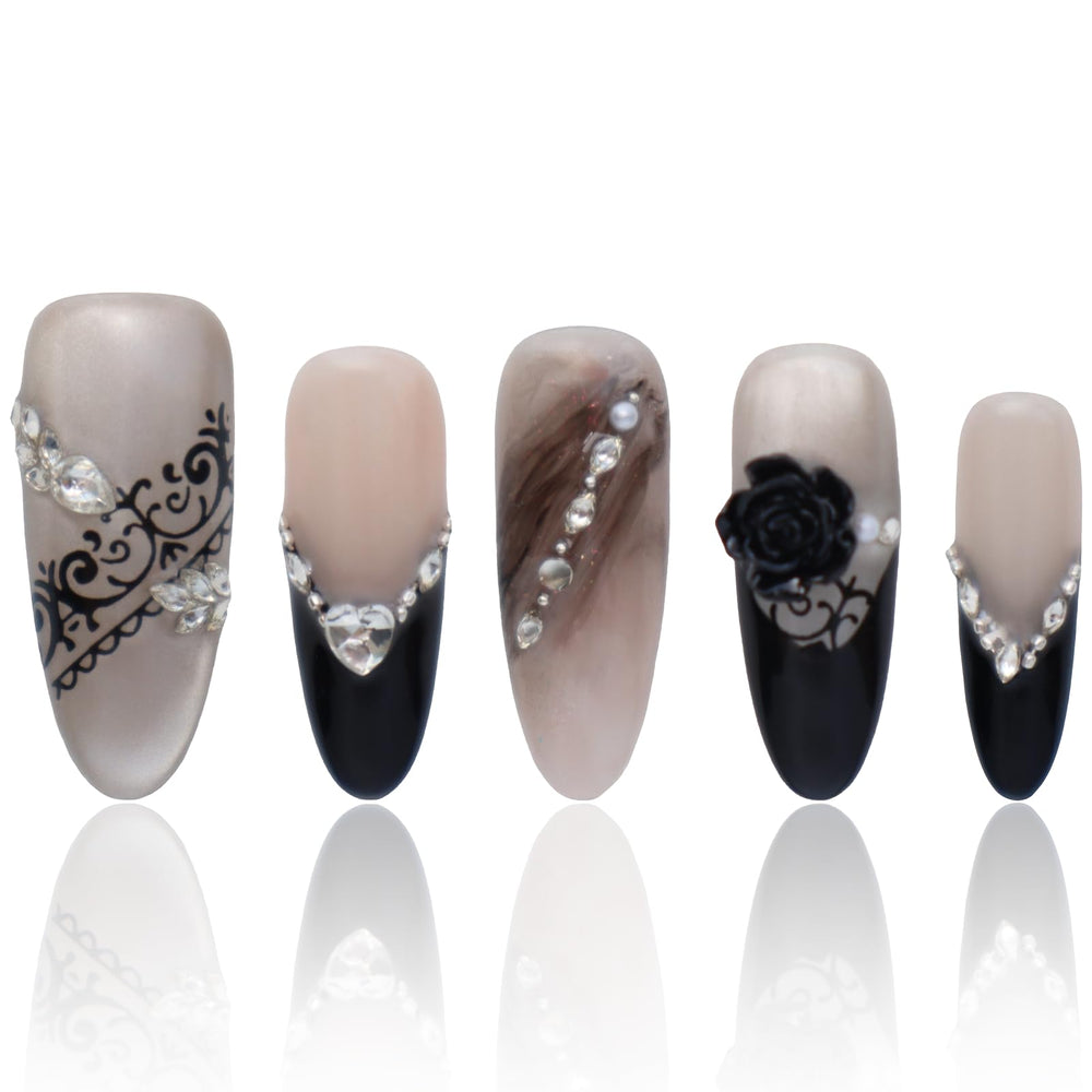 COOLYOUNG almond black French tip press on nails for chic office wear