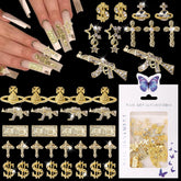 COOSLIM dollar nail charms add gold accents with Y2K flair.