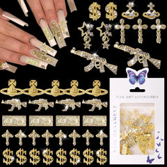 COOSLIM dollar nail charms add gold accents with Y2K flair.