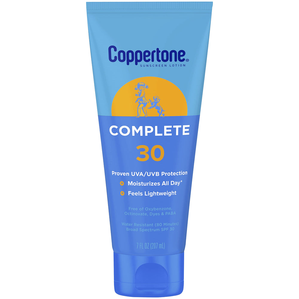 Coppertone Complete SPF 30 sunscreen lotion bottle for face and body provides daily protection.