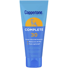 Coppertone Complete SPF 30 sunscreen lotion bottle for face and body provides daily protection.