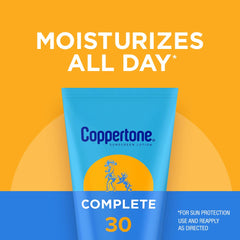 Close-up of the Coppertone Complete SPF 30 label highlighting broad spectrum protection.