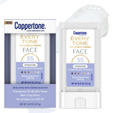 Coppertone Every Tone invisible finish stick packaging shows portable sun protection for travel.