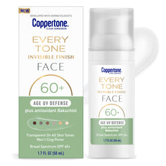 Coppertone Every Tone invisible finish bottle with pump blending into all skin tones