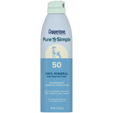 Coppertone Pure & Simple zinc oxide sunscreen spray bottle for easy outdoor protection.