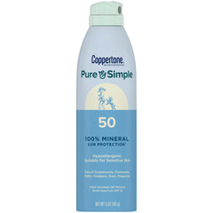 Coppertone Pure & Simple zinc oxide sunscreen spray bottle for easy outdoor protection.