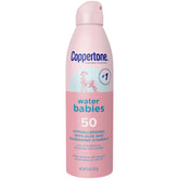 Coppertone WaterBabies SPF 50 spray shows visible coverage for easy protection