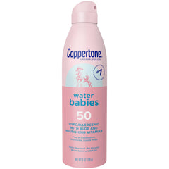 Coppertone WaterBabies SPF 50 spray shows visible coverage for easy protection