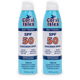 Coral Isles SPF 50 spray bottle close-up showing easy, broad-spectrum protection for outdoor days.