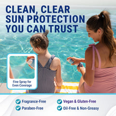 Mist spray application of Coral Isles SPF 50 for quick, non-greasy sun coverage.