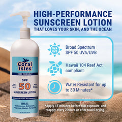 Coral Isles Sunscreen label shows Hawaii 104 ACT compliance for eco-conscious use