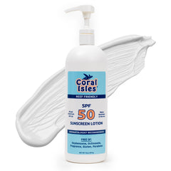 Coral Isles Sunscreen 32oz pump bottle front for easy long-lasting sun protection