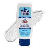 Coral Isles Sunscreen bottle front, compact and beach-ready for easy application