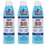 Coral Isles Sunscreen Spray bottle front view showing easy application and protection.
