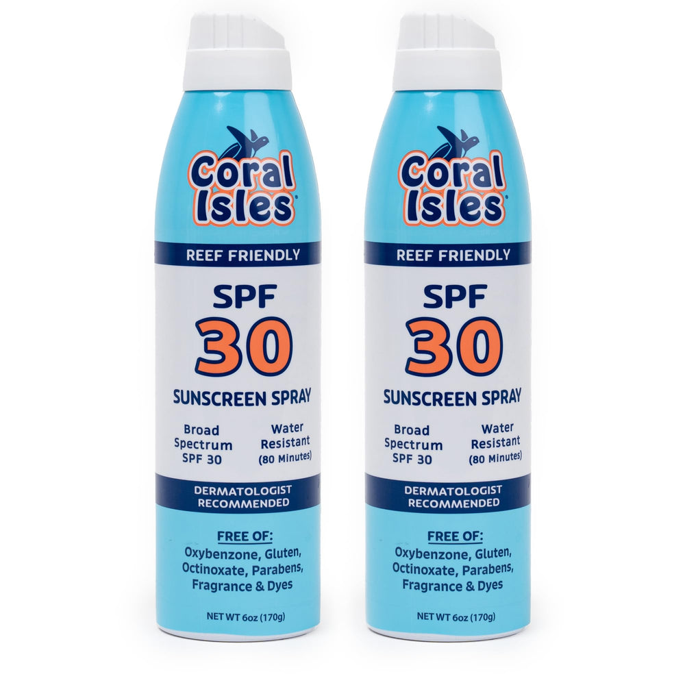 Coral Isles SPF 30 spray bottles side view showing quick coverage for outdoor use