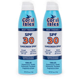 Coral Isles SPF 30 spray bottles side view showing quick coverage for outdoor use