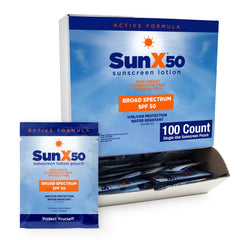 CoreTex Sun X 50 SPF packets packaging showing travel-friendly reef-safe sunscreen