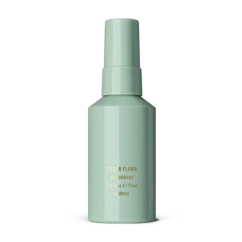 Corpus Cedar Flora Deodorant Spray front view shows aluminum-free protection for all-day freshness
