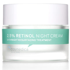 Cosmedica Retinol Night Cream bottle on vanity for nightly hydration and smoothing