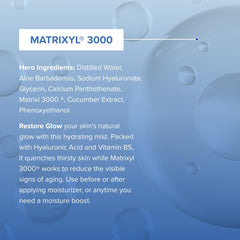 Cosmedica Skincare Restore Glow Peptide Spray close-up highlights hyaluronic acid for plump hydration.