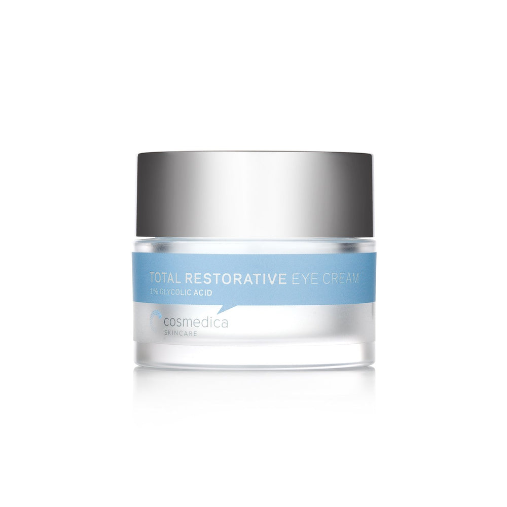 Cosmedica Skincare Total Restorative Eye Cream bottle delivering intense hydration for the delicate eye area and brightening potential