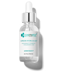 Cosmetic Skin Solutions Supreme Hydra B5 Gel bottle shows instant hydration for all skin types.