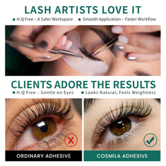 COSMILA Pro eyelash extension glue HQ-free formula reduces irritation for clients.