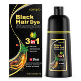 cosmpro Black Hair Dye Shampoo bottle shows gray coverage at home