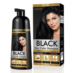 COSMTEK Black Dye Shampoo bottle showcasing 3-in-1 color coverage for gray hair.