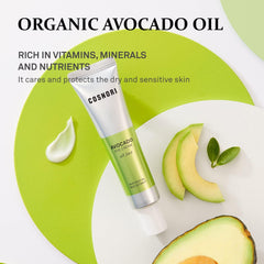 COSNORI Avocado Eye Cream ingredient focus on avocado oil and rice bran.
