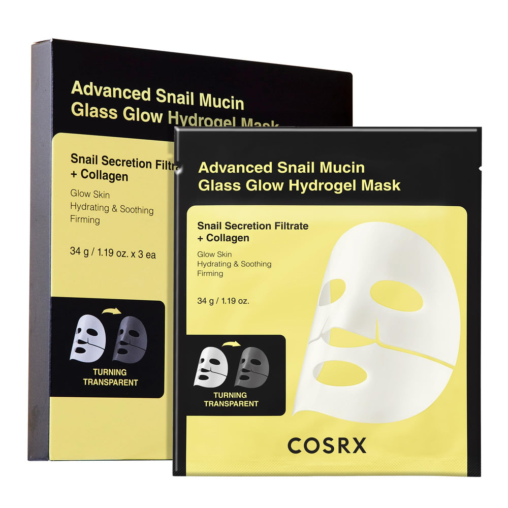 COSRX Advanced Snail Mucin Glass Glow hydrogel mask pack ready for glass-skin glow and hydration
