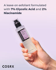 COSRX exfoliating toner on face highlights pore-minimizing potential.