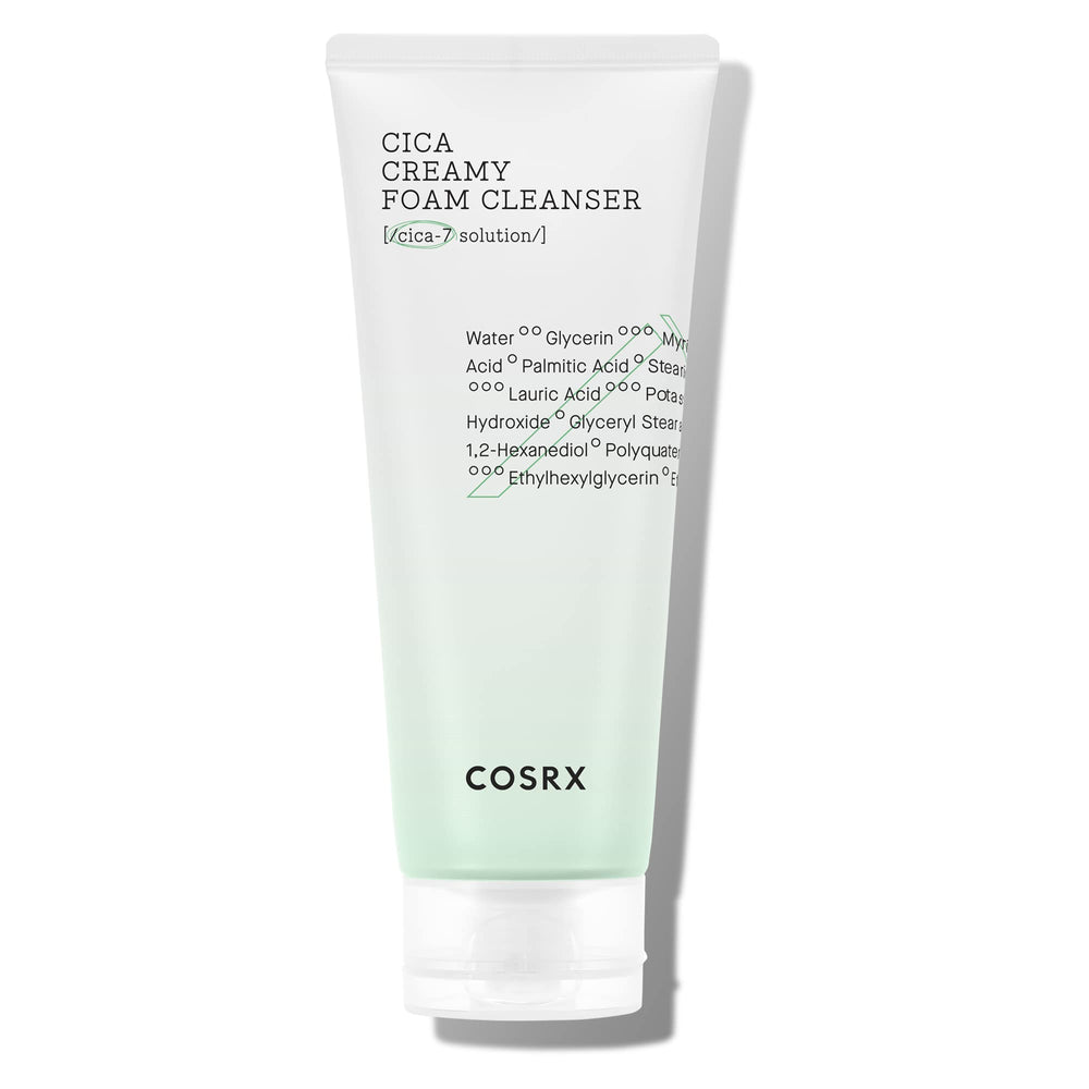 COSRX Pure Fit Cica Creamy Foam Cleanser bottle, gentle cleansing for sensitive skin