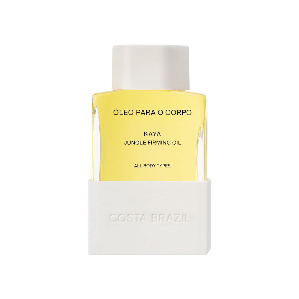 Costa Brazil Kaya Jungle Firming Body Oil bottle close-up showing silky hydration.