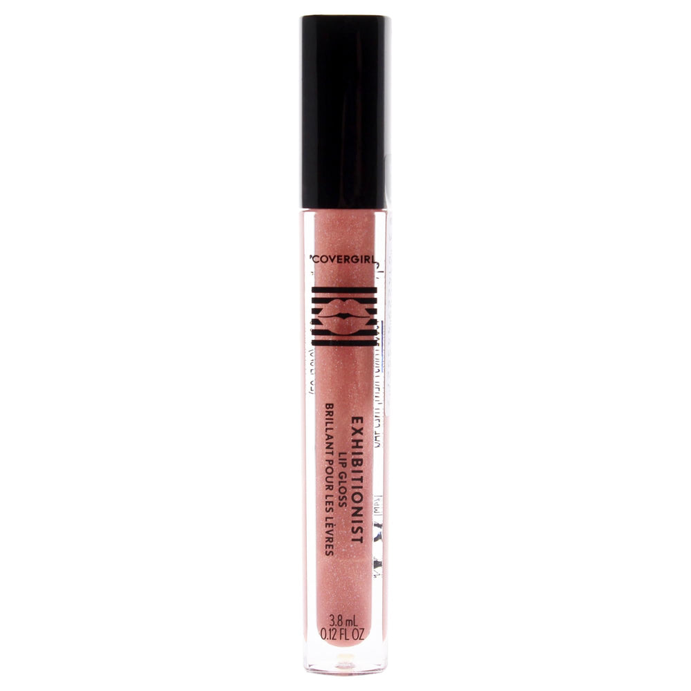 CoverGirl Exhibitionist Lip Gloss Tiger Eye on lips delivering high shine and hydration.