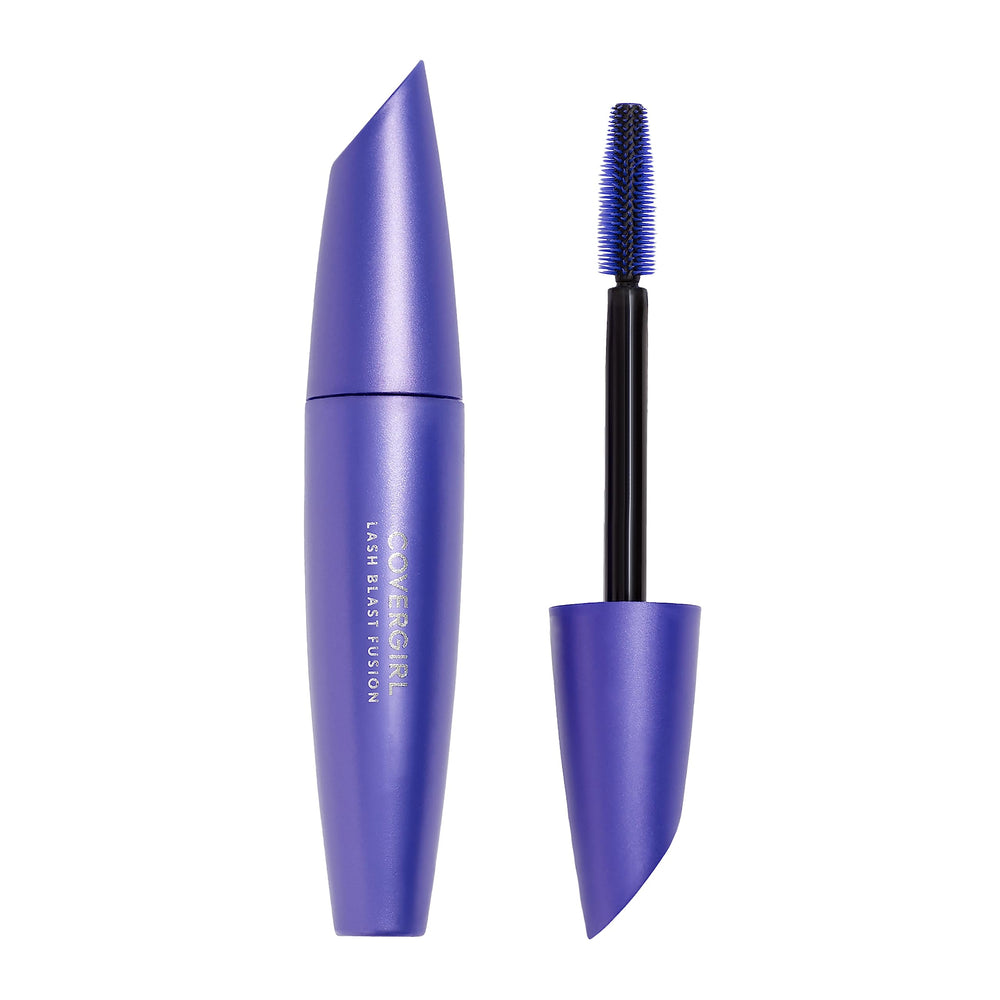 COVERGIRL Lash Blast Fusion brown mascara tube and wand close-up showing lengthening potential