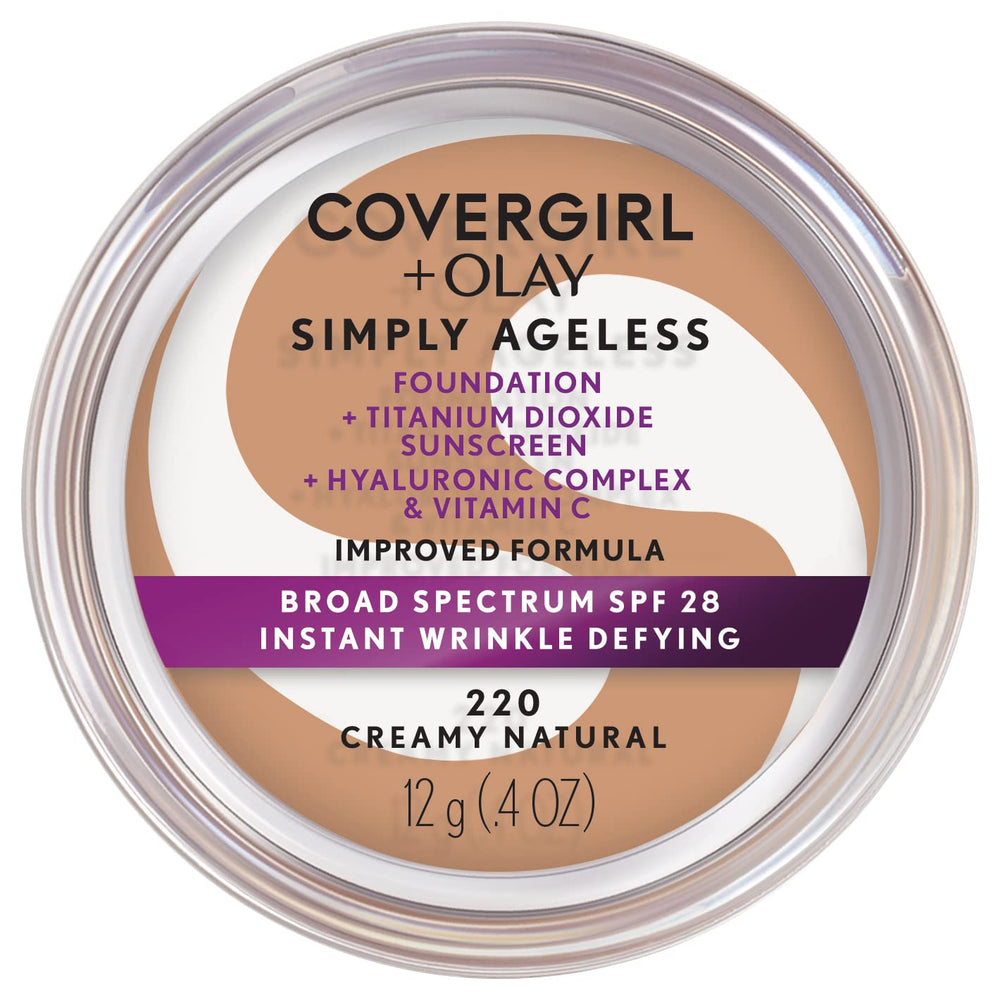CoverGirl Simply Ageless bottle closeup shows creamy texture for smooth coverage.