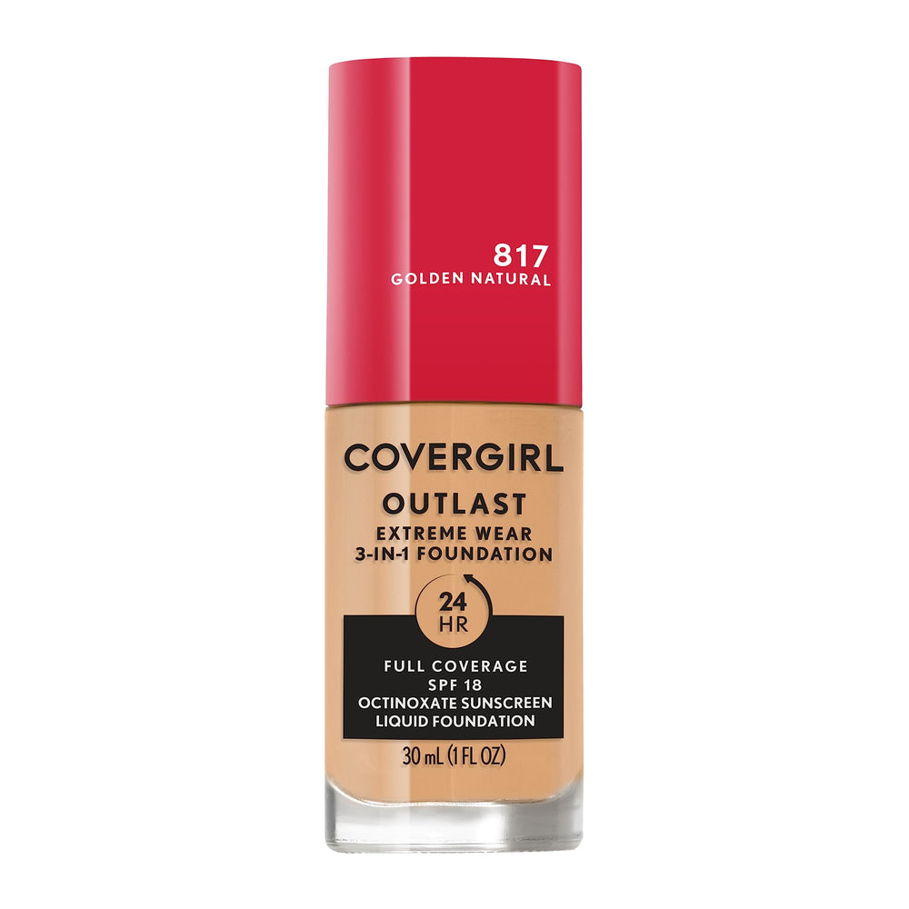 Covergirl Outlast Extreme Wear 3-in-1 foundation bottle shows lightweight, full-coverage finish.