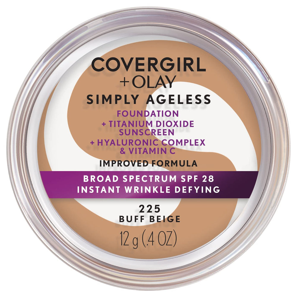 CoverGirl Simply Ageless foundation Buff Beige bottle shows hydration-focused formula