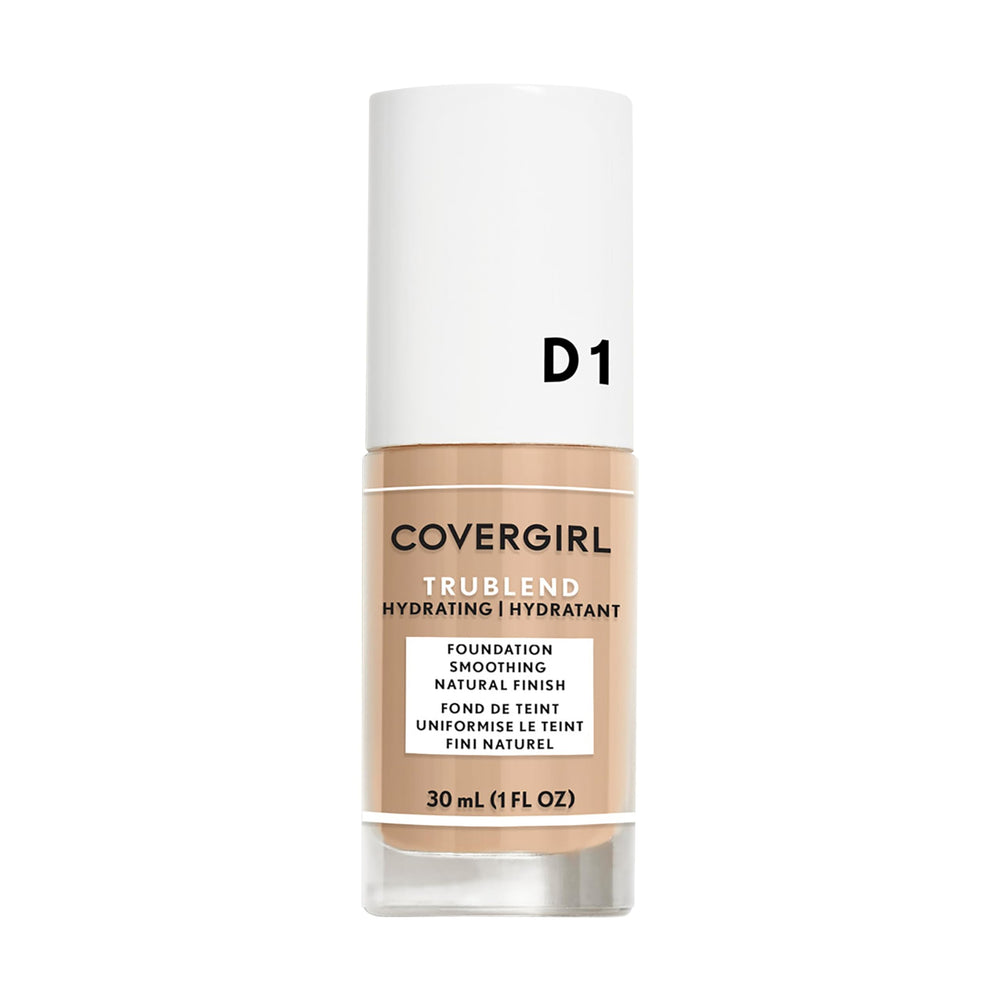 CoverGirl truBLEND Liquid Foundation bottle close-up shows smooth application