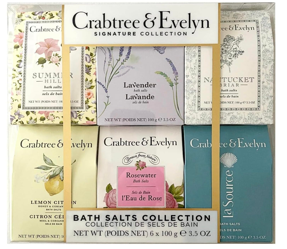 Crabtree and Evelyn bath sea salts variety-pack offers six scents for a soothing soak.