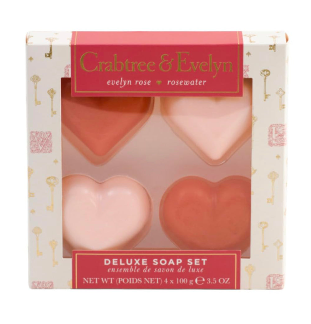 Crabtree and Evelyn heart soap set with Evelyn Rose and Rosewater scents, ideal for gifting.