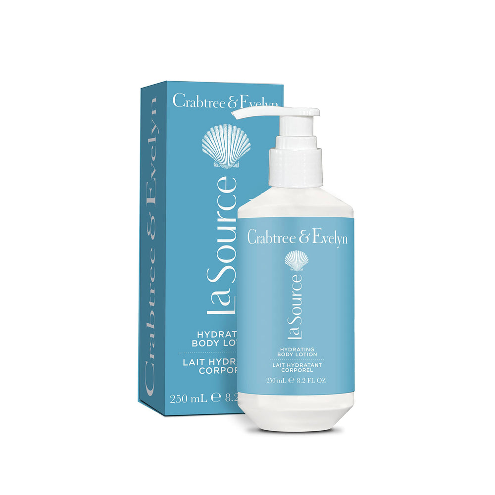 Crabtree & Evelyn La Source bottle pour, delivering lightweight hydration for refreshed skin.