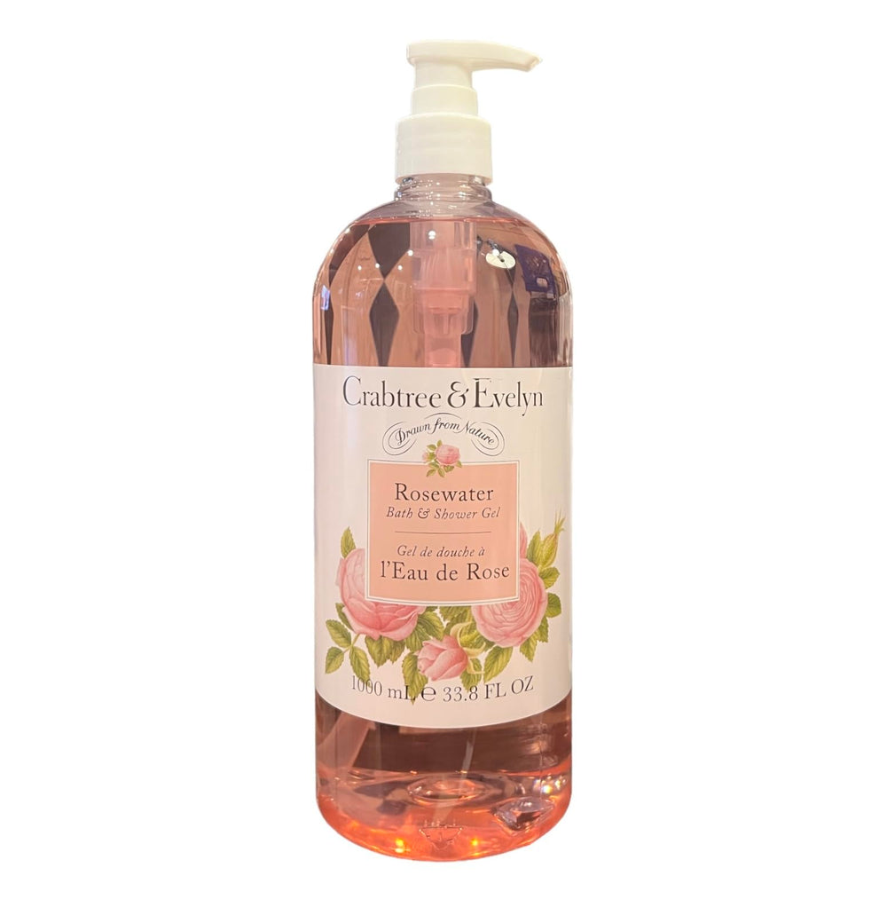 Crabtree & Evelyn Rosewater Bath and Shower Gel bottle pour showing the product and fragrance.