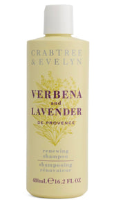Crabtree & Evelyn Verbena & Lavender Renewing Shampoo bottle for a calming scent and refreshed scalp.